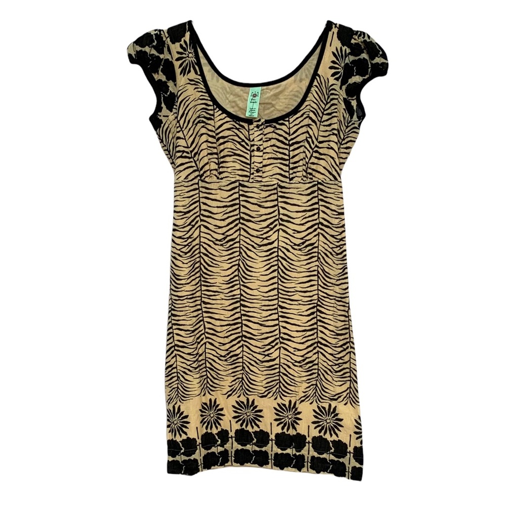 FREE PEOPLE Beige + Black Zebra Floral Print Cap Sleeve Mini Dress 8